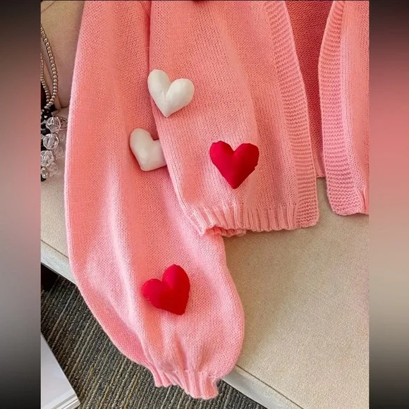 Pink 3D Heart Knit Sweater Cardigan Size 2XL New - Picture 6 of 7